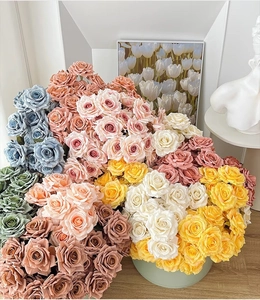 Vibrant bouquet of multi-colored artificial roses in pink, blue, and yellow for home decor