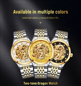 Détail de trois montres automatiques de luxe avec relief dragon doré et bracelet en acier