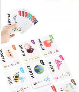 Educational flashcards showing double-sided alphabet, word recognition and math learning