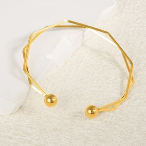 Minimalist 18k gold plated 304 stainless steel open wrap bracelet with double sphere ends