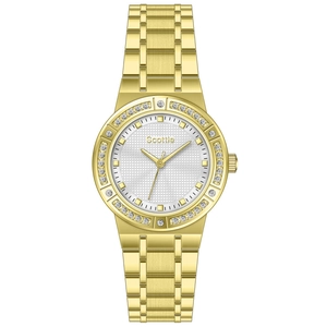 Detailed macro view of the gold quartz watch face featuring a sparkling crystal-encrusted bezel