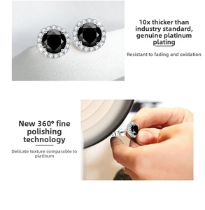 Detail view of S925 silver black moissanite earrings with halo setting and polished finish