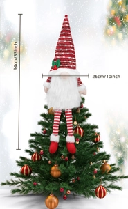 Detailed view of long-legged Christmas gnome topper with red and white stripes