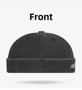 Detailed side view of washed cotton docker cap featuring GOOD VIBES white embroidery