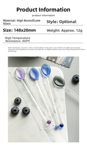Detailed specifications of heart-shaped borosilicate glass stirring spoons in various colors