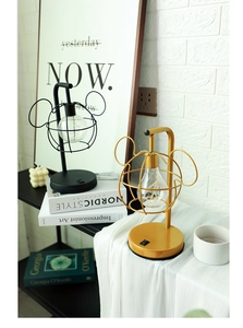 Detail of Mickey head LED desk lamps in black and gold finish with Edison bulbs