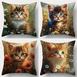 Set of four modern cat cushion covers with floral linen patterns for sofa decor