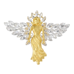 Elegant gold angel brooch with sparkling crystal wings for coats and dresses