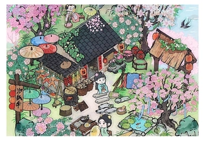 Détail d'autocollants PET illustrant une maison chinoise et des cerisiers en fleurs