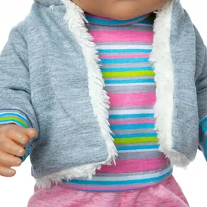 Close-up of gray plush hoodie and striped shirt set for 43cm dolls with soft knit texture