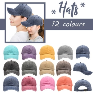 Multiple colors of baseball caps for adults and children including blue and khaki