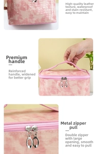 Pink stone pattern makeup bag detail with reinforced handle and dual metal zippers