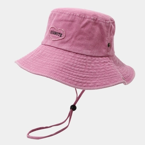 Pink washed cotton bucket hat with heart embroidery and adjustable chin strap