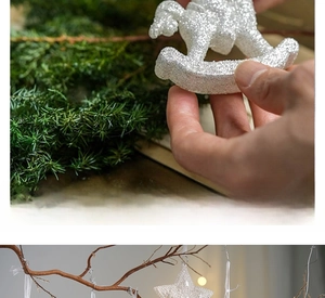 Detail showing silver glitter rocking horse and star acrylic Christmas tree ornaments
