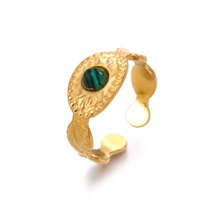 Bague ajustable plaqué or 18K en acier inoxydable avec pierre turquoise verte