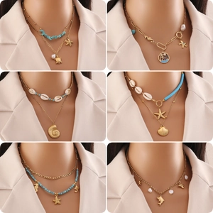 Double Layer Necklace Stainless Steel Shell Faux Artificial Pearl Turquoise Ocean Starfish Turtle Pendant Bohemian Beach Jewelry