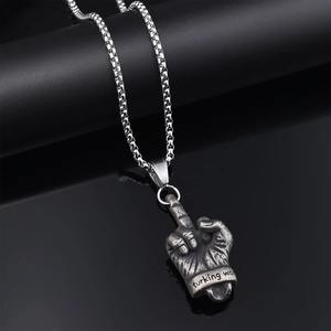 Vintage stainless steel middle finger pendant necklace with a box chain in antique silver