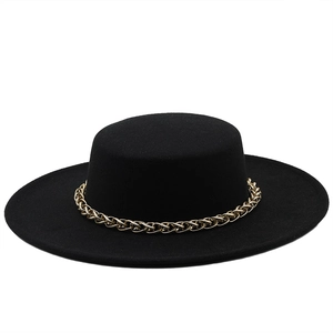Flat top black wool boater hat with a gold metal chain band and wide brim design