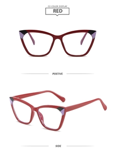 Detailed front and side view of red cat-eye TR90 frames with purple contrast accents