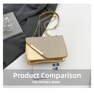 Golden crossbody bag with metal chain shown next to a phone for size comparison
