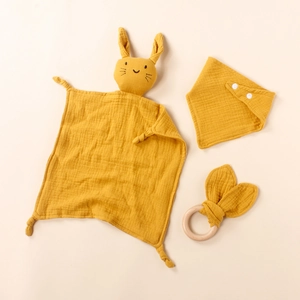 3-piece ginger cotton muslin baby set with rabbit security blanket, bib, and wooden ring