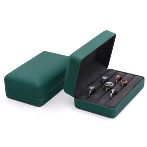 Green premium leather jewelry storage box with grey flocking lining for rings
