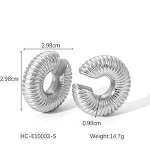 Detailed view of silver stainless steel textured ear cuff with size specs and dimensions