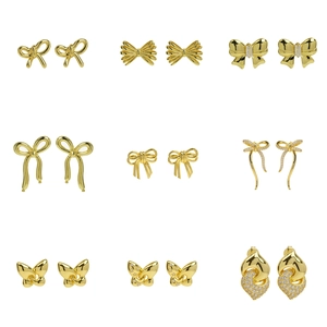 Elegant 18K Gold Plated Copper Bow Knot Stud Earrings For Women Shiny Rhinestone Inlaid Butterfly Jewelry Gift