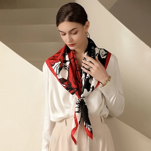 Elegant floral silk satin scarf with red and black floral print for women 90cm square wrap