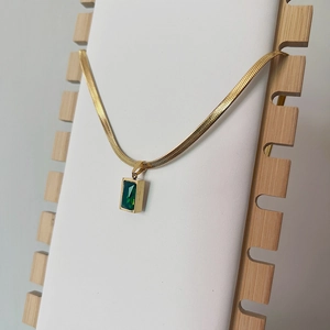 Minimalist gold snake chain necklace with rectangular emerald green zircon pendant for women