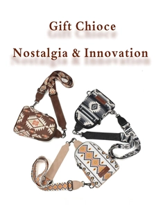 Three bohemian canvas crossbody bags with vintage geometric straps in various colors