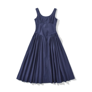 Detail of navy blue sleeveless pleated maxi dress with elegant U-neck and flared hem