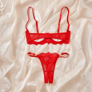Sexy red lace lingerie set with open cup bra and matching thong on white satin