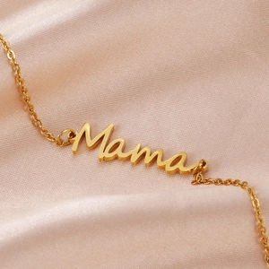 Elegant gold Mama script pendant necklace on champagne silk for minimalist DIY jewelry styles