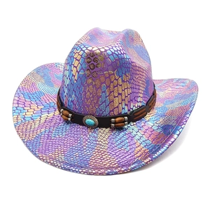 Holographic Snakeskin Polyester Western Cowboy Hat Shiny Metallic Wide Brim With Turquoise Wood Bead Band For Party Rave Halloween