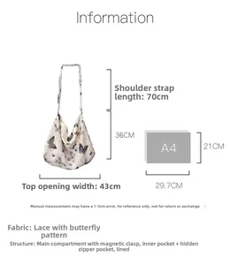 Lace butterfly shoulder bag size chart with A4 paper comparison and measurements