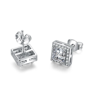 Detailed view of silver square zircon stud earrings with micro-pave setting and backings