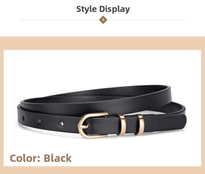 Detail of slim black leather belt with a golden horseshoe buckle for women's dresses