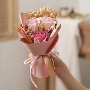 Mini soap flower bouquet with pink roses and baby's breath for gifts and home decor