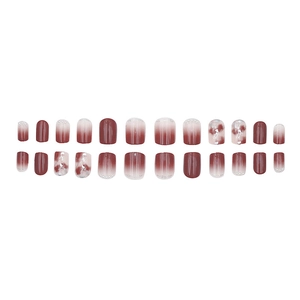 24pcs burgundy gradient press-on nails with marble texture and pearl accents