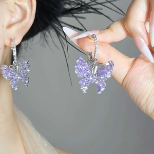 Purple Zircon Butterfly Pendant Hoop Earrings With Silver Earring Post Sparkling Copper Fashion Jewelry For Women
