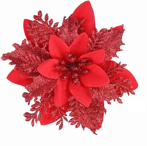 Artificial 14cm red poinsettia Christmas flower with glitter for tree and wreath decoration