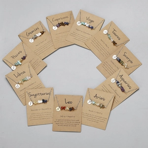Twelve constellation necklace collection featuring crushed stones and engraved charms