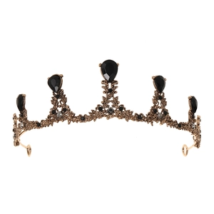 Vintage bronze bridal crown with large black teardrop crystals and round gemstones