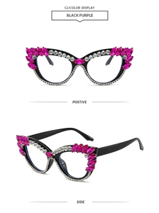 Detail of fashion cat-eye glasses frame with vibrant pink and white rhinestones