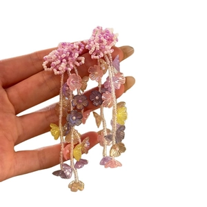 Elegant multi-colored acrylic flower tassel drop earrings with glass floral charms