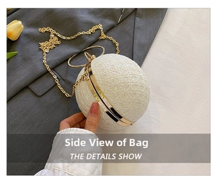 Detailed macro view of the sparkling lace texture on the spherical evening clutch bag