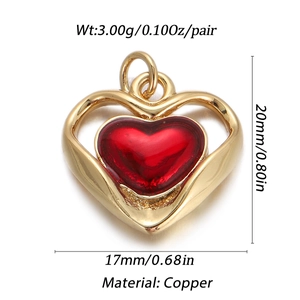 Detail of red heart pendant with gold frame showing dimensions 20mm by 17mm