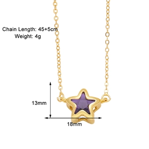 Detail view of purple star pendant necklace with gold chain and dimension specifications