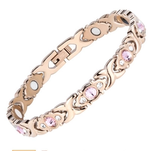 Rose gold magnetic therapy bracelet with pink crystals and X-shaped stainless steel links